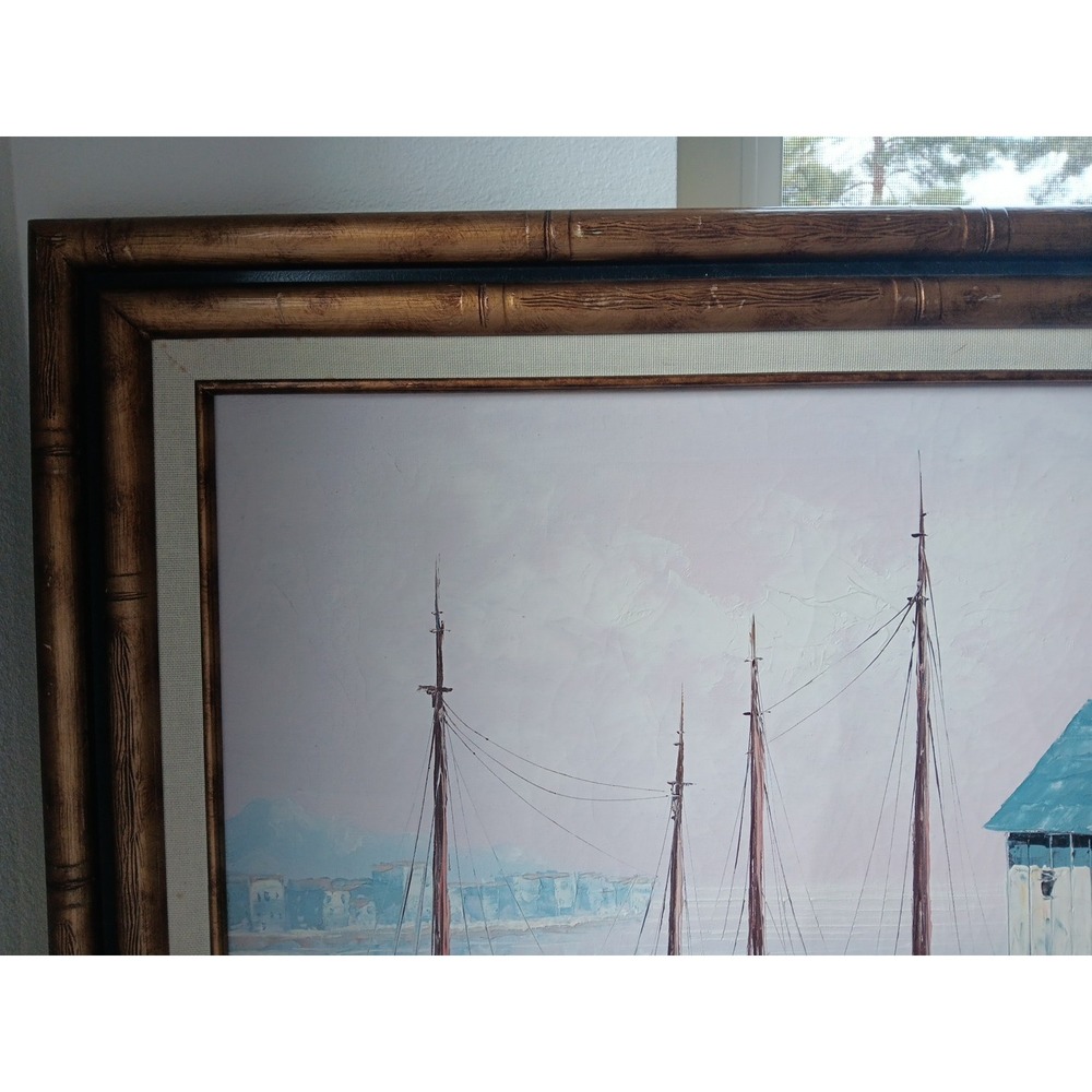 MCM Original KESWICK Oil Painting Fishing Boats in Harbor PINK SKY Calm Nautical - Picture 4 of 12